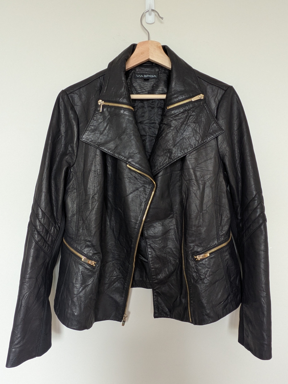 Via Spiga Black Leather Asymmetrical Zip Jacket with Gold Hardware